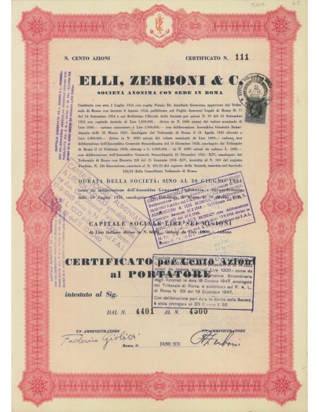 ELLI ZERBONI E C. - 100 AZIONI ROMA 1936