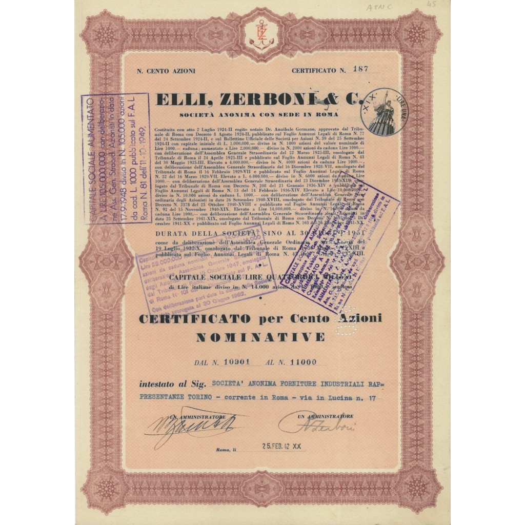 ELLI ZERBONI E C. - 100 AZIONI ROMA 1942