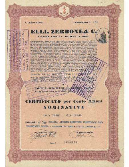 ELLI ZERBONI E C. - 100 AZIONI ROMA 1942