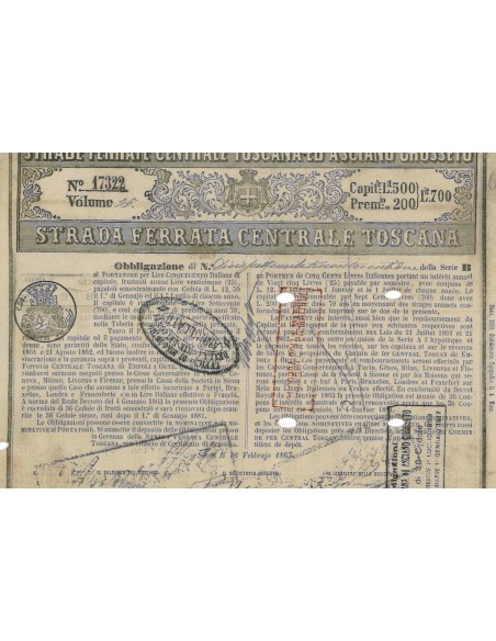 STRADA FERRATA CENTRALE TOSCANA 1 OBBLIGAZIONE SIENA 1863