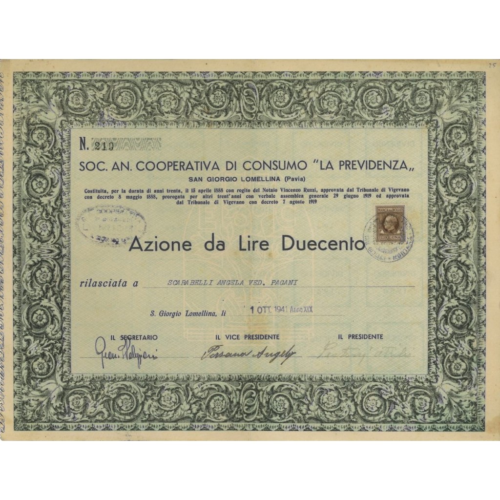SOC. AN. COOP. DI CONSUMO LA PREVIDENZA 1 AZIONE - 1941
