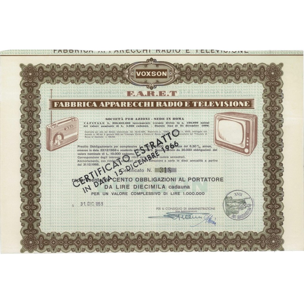 F.A.R.E.T. - 100 OBBLIGAZIONI - ROMA 1959