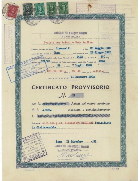 SOC. DEI SILI E MAGAZZINI GENERALI - AZIONI ROMA 1953