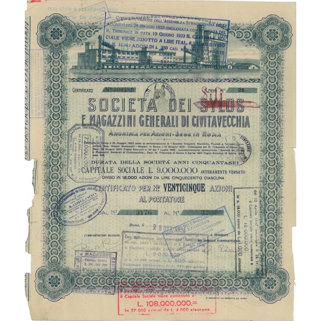 SOC. DEI SYLOS E MAGAZZINI GENERALI - 25 AZIONI ROMA 1931