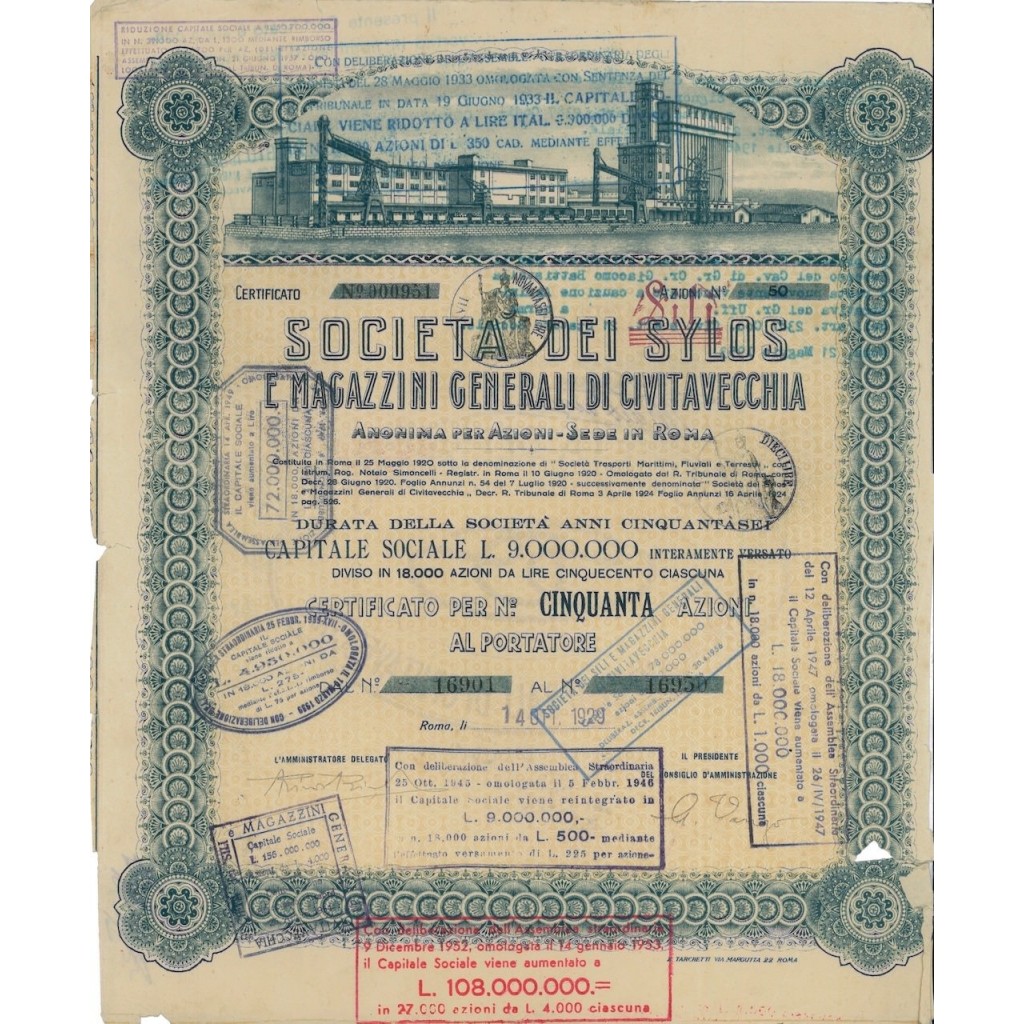 SOC. DEI SYLOS E MAGAZZINI GENERALI - 50 AZIONI ROMA 1929
