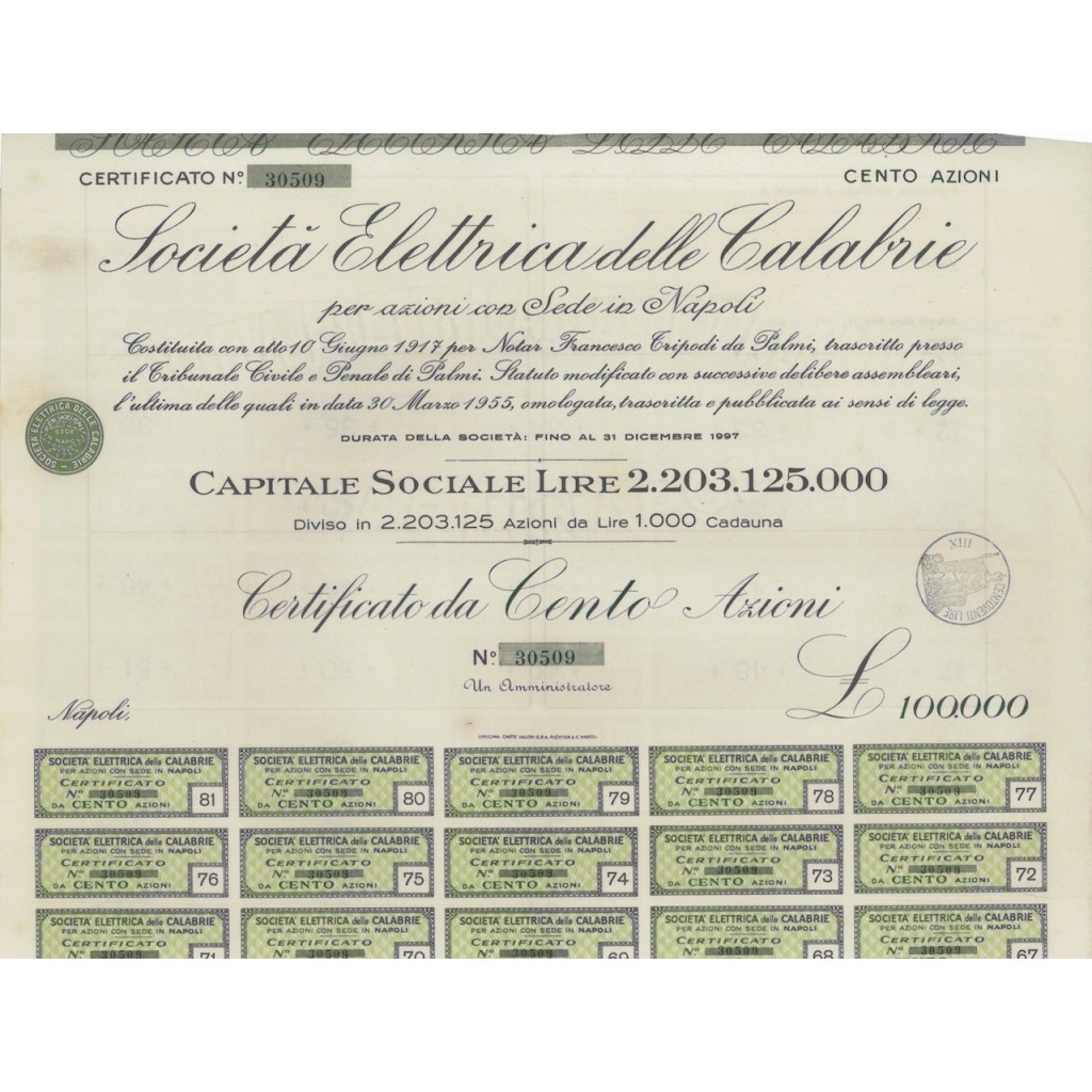 SOC. ELETTRICA DELLE CALABRIE - 100 AZIONI - NAPOLI 1917