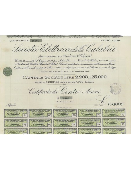 SOC. ELETTRICA DELLE CALABRIE - 100 AZIONI - NAPOLI 1917