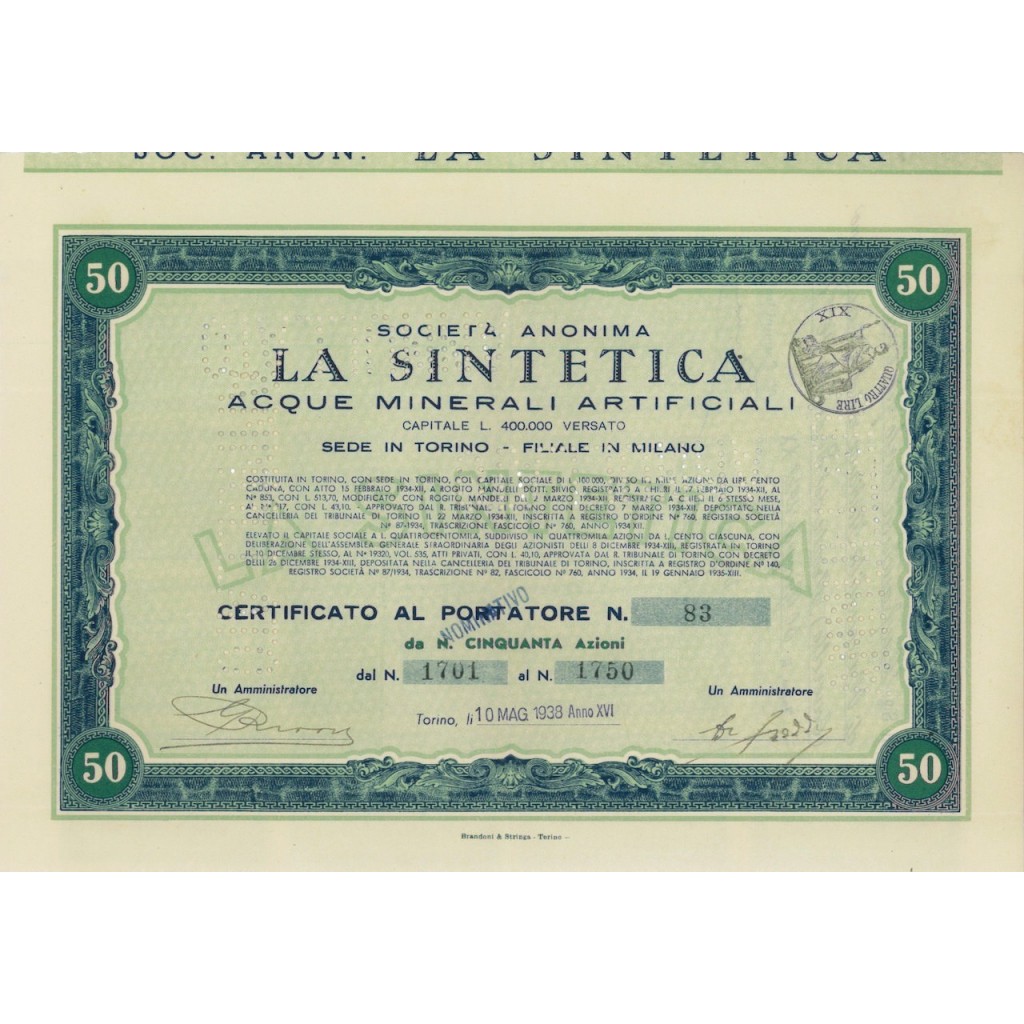 SOC. ANON. LA SINTETICA - 50 AZIONI TORINO 1938