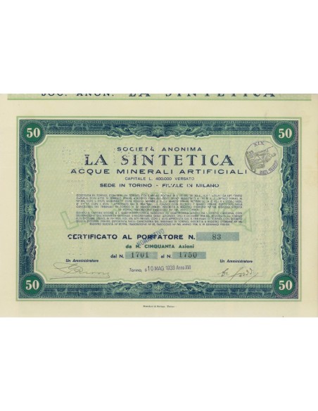 SOC. ANON. LA SINTETICA - 50 AZIONI TORINO 1938