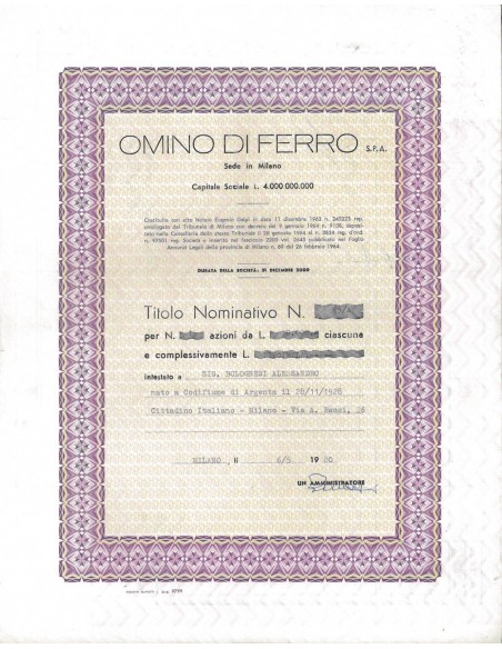 OMINO DI FERRO SPA - 1 AZIONE MILANO 1980