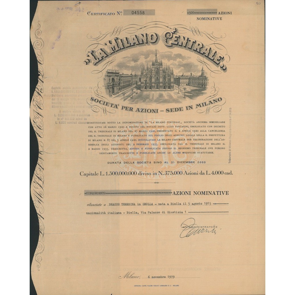 LA MILANO CENTRALE S.P.A. 500 AZIONI MILANO 1979