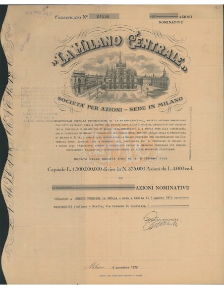 LA MILANO CENTRALE S.P.A. 500 AZIONI MILANO 1979