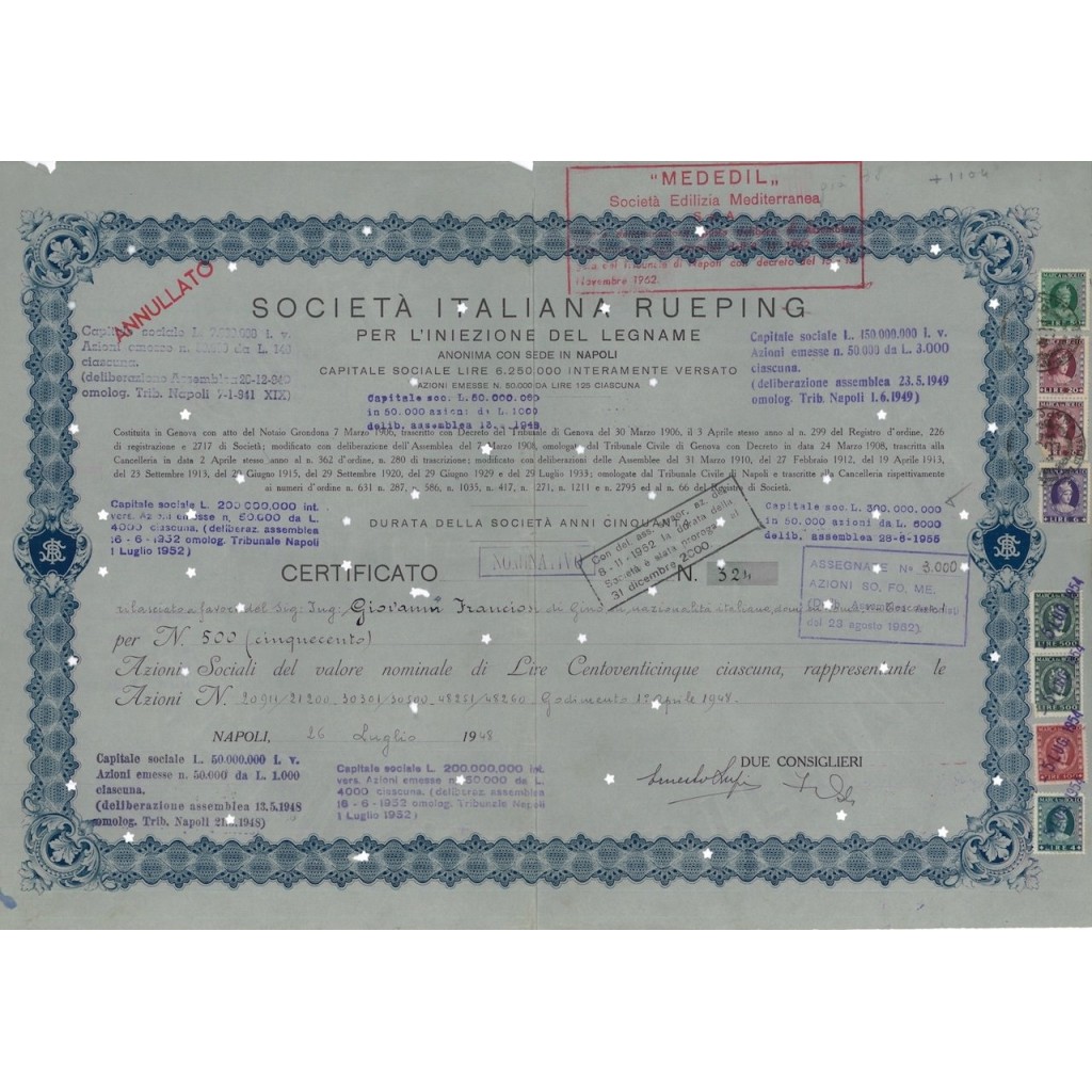 SOC. ITALIANA RUEPING - 500 AZIONI NAPOLI 1948