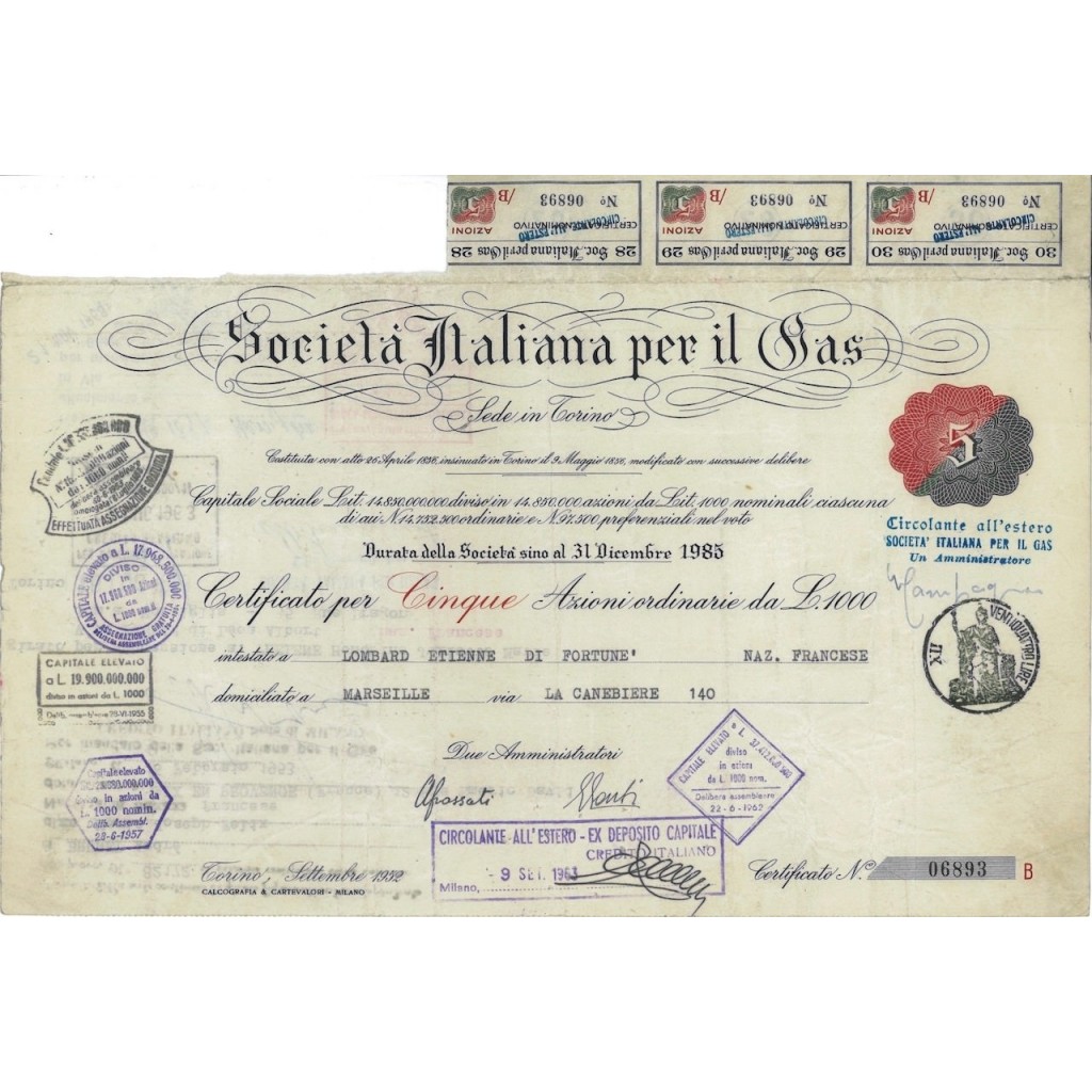 SOC. ITALIANA PER IL GAS - 5 AZIONI TORINO 1952