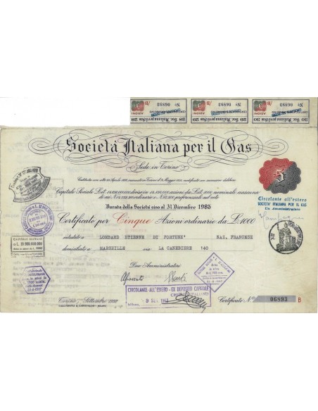 SOC. ITALIANA PER IL GAS - 5 AZIONI TORINO 1952