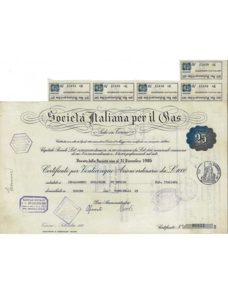 SOC. ITALIANA PER IL GAS - 25 AZIONI TORINO 1952