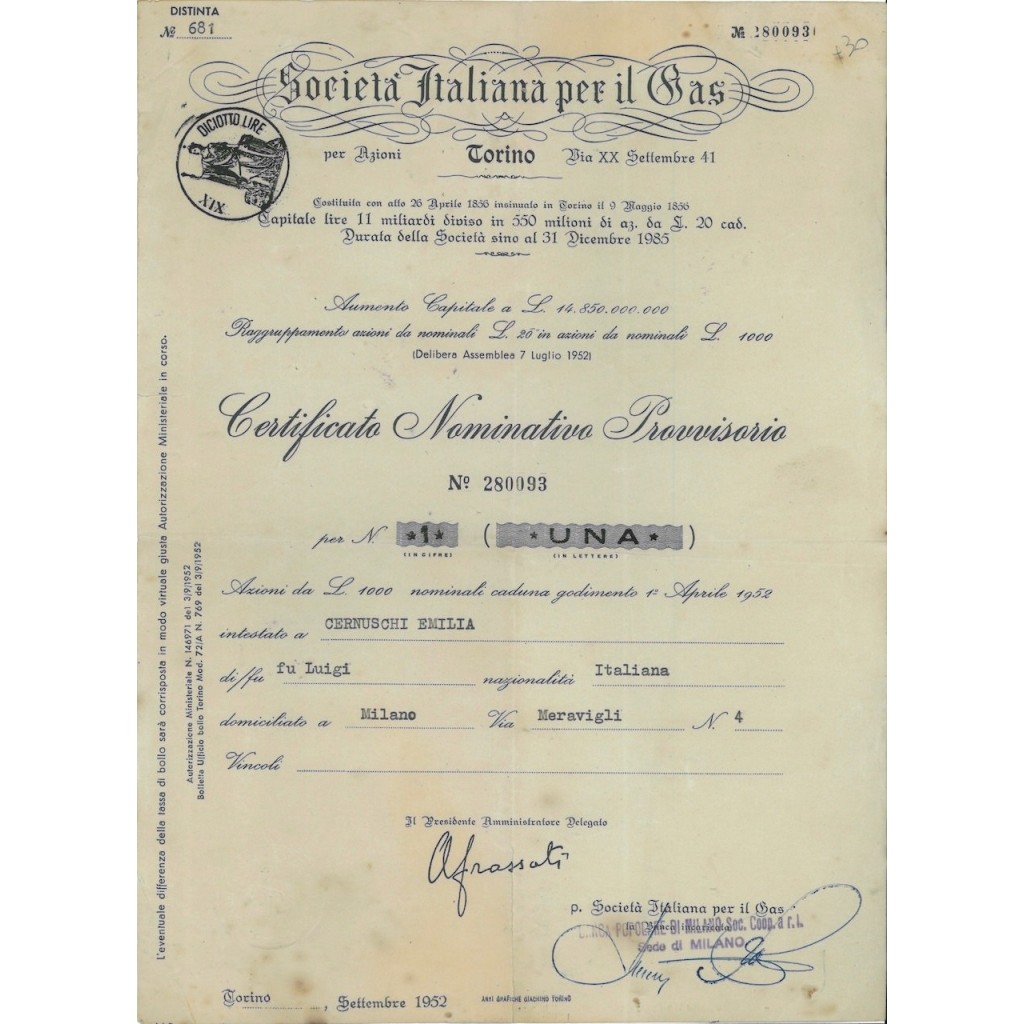 SOC. ITALIANA PER IL GAS - UNA AZIONE TORINO 1952