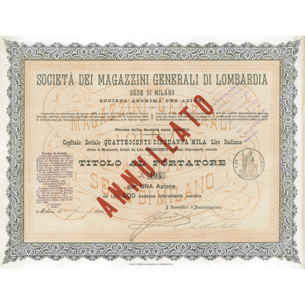 SOC. MAGAZZINI GENERALI DI LOMBARDIA - 1 AZIONE MILANO 1890