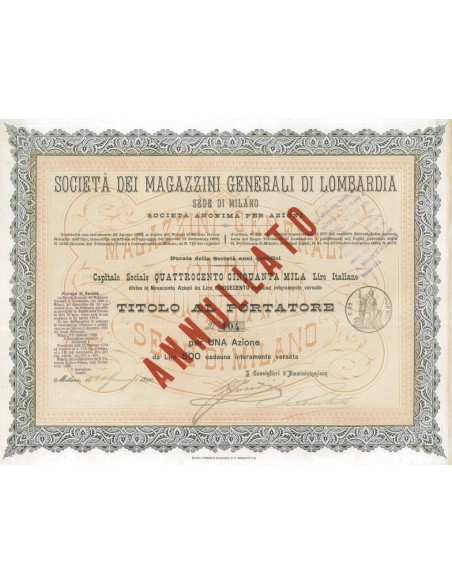 SOC. MAGAZZINI GENERALI DI LOMBARDIA - 1 AZIONE MILANO 1890