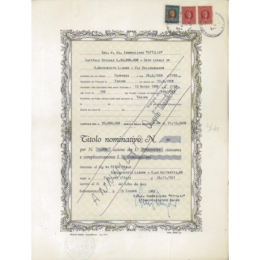 ATTILIA IMMOBILIARE SPA - 1000 AZIONI S.M. LIGURE 1962