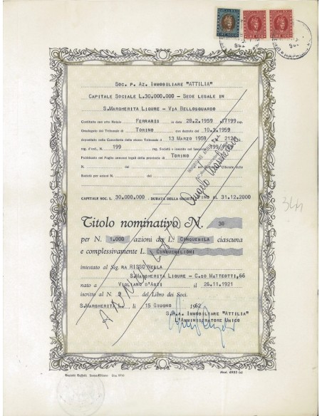 ATTILIA IMMOBILIARE SPA - 1000 AZIONI S.M. LIGURE 1962