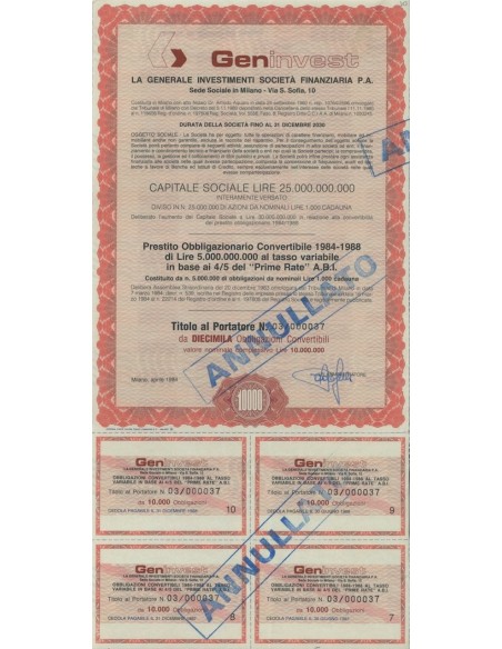 GENINVEST - 10000 OBBLIGAZIONI MILANO 1984