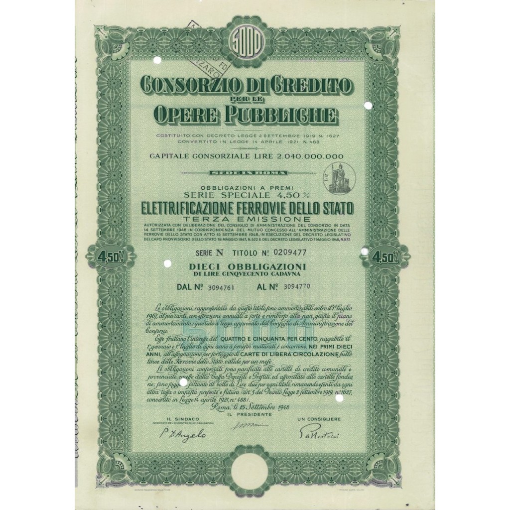 CONS. DI CREDITO OPERE PUBBLICHE - 10 OBB. ROMA 1948