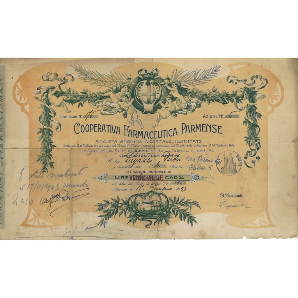 COOP. FARMACEUTICA PARMENSE - 6 AZIONI PARMA 1933