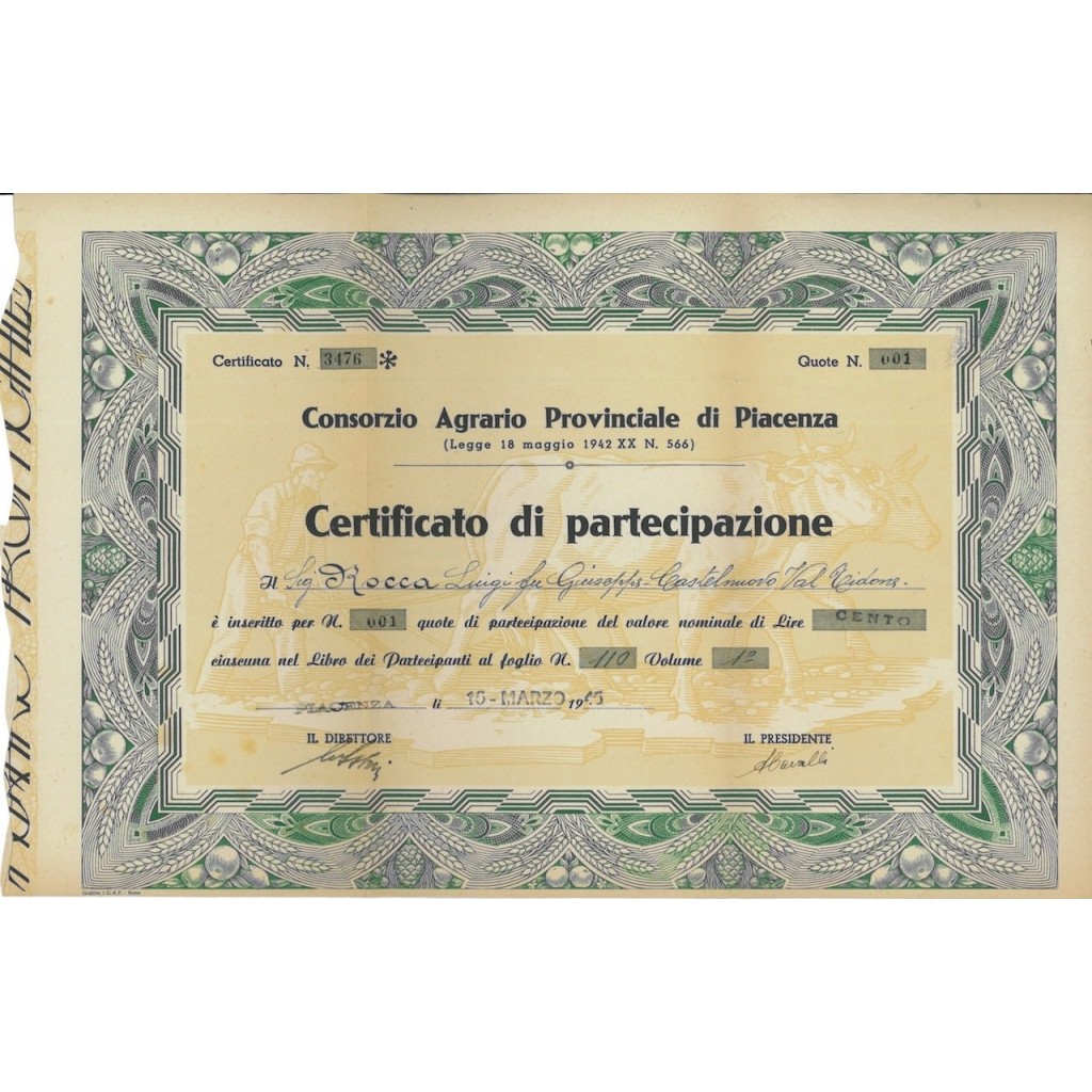 CONS. AGRARIO PROVINCIALE DI PIACENZA - UNA PARTACIP. - 1945