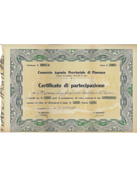 CONS. AGRARIO PROVINCIALE DI PIACENZA - UNA PARTACIP. - 1945