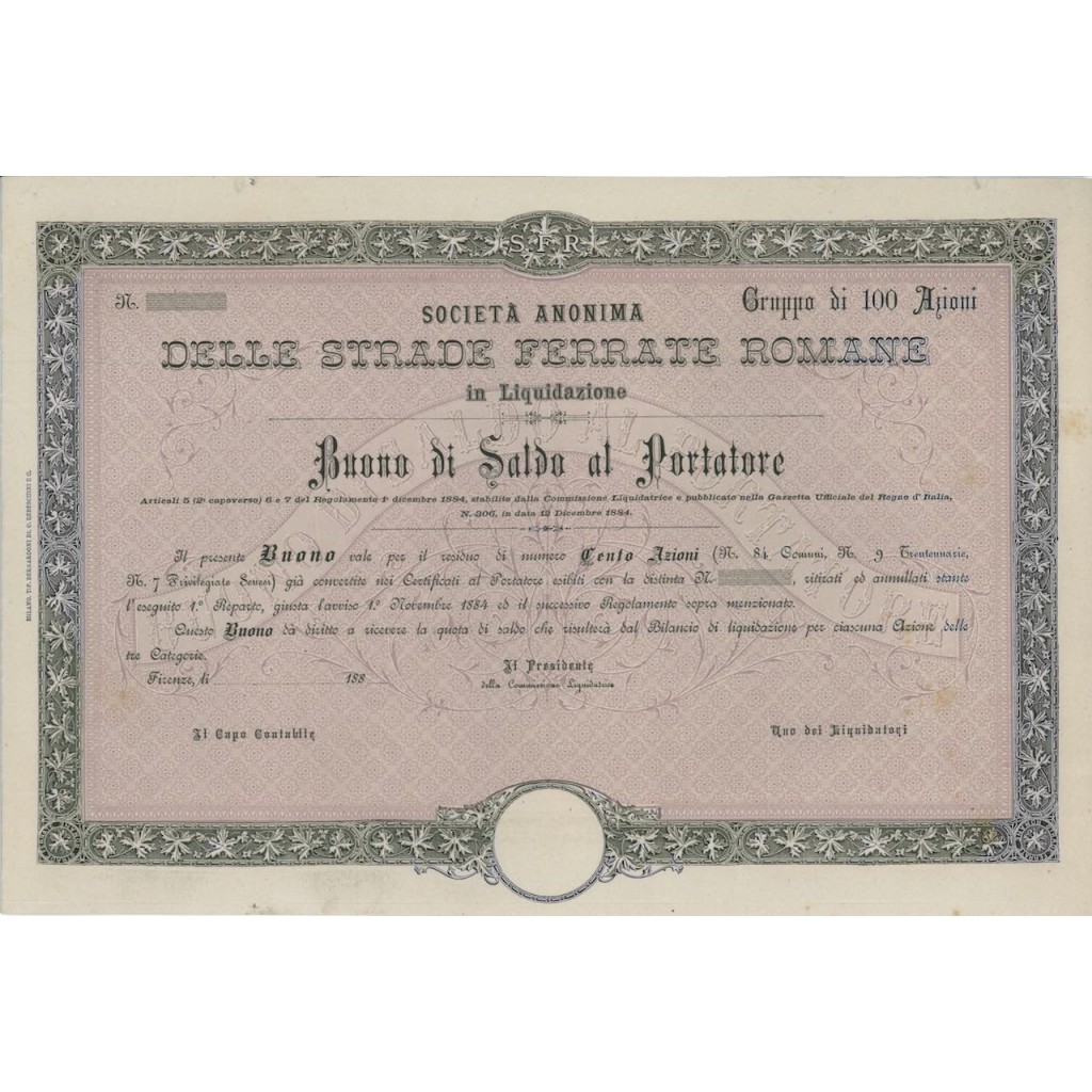 SOC. ANON. STRADE FERRATE ROMANE - 100 AZIONI FIRENZE 1884