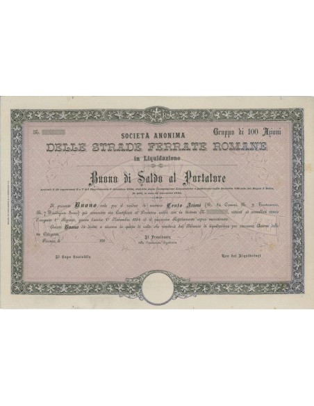 SOC. ANON. STRADE FERRATE ROMANE - 100 AZIONI FIRENZE 1884