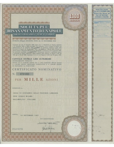 SOCIETÀ PEL RISANAMENTO DI NAPOLI 1000 AZIONI NAPOLI 1972