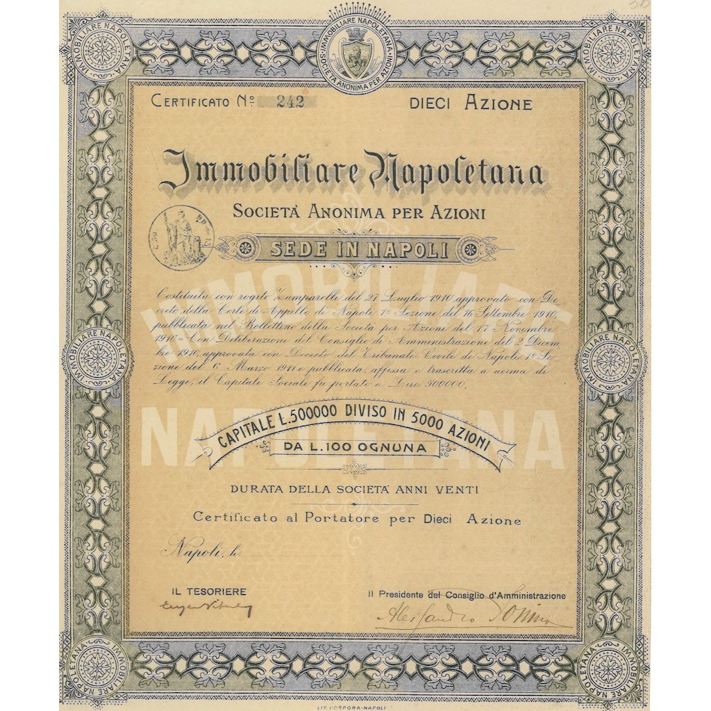 IMMOBILIARE NAPOLETANA 10 AZIONI NAPOLI 1910