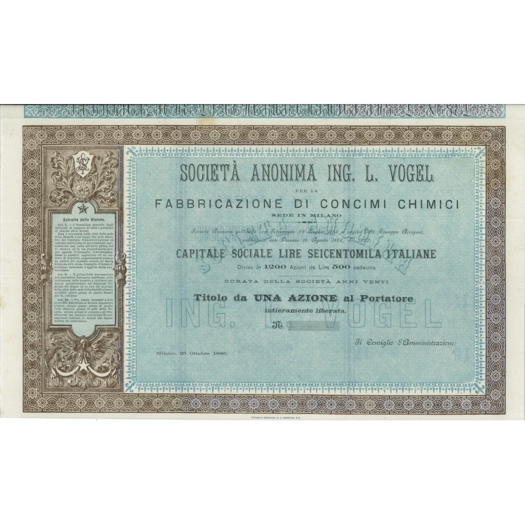 SOC. ANON. ING. L. VOGEL - 1 AZIONE MILANO 1886