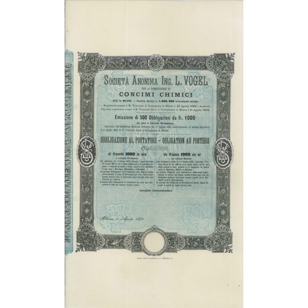 SOC. ANON. ING. L. VOGEL - 1 OBBLIG. MILANO 1890