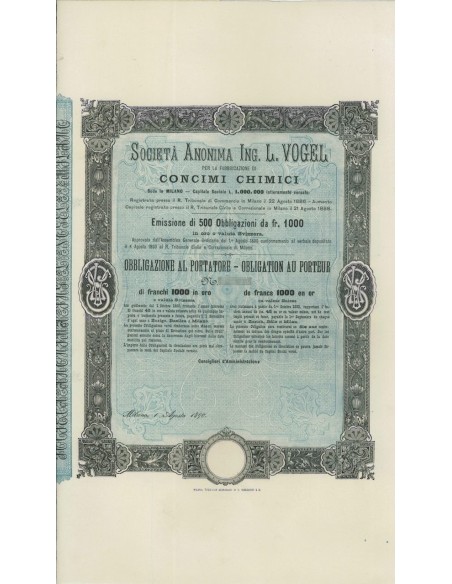 SOC. ANON. ING. L. VOGEL - 1 OBBLIG. MILANO 1890