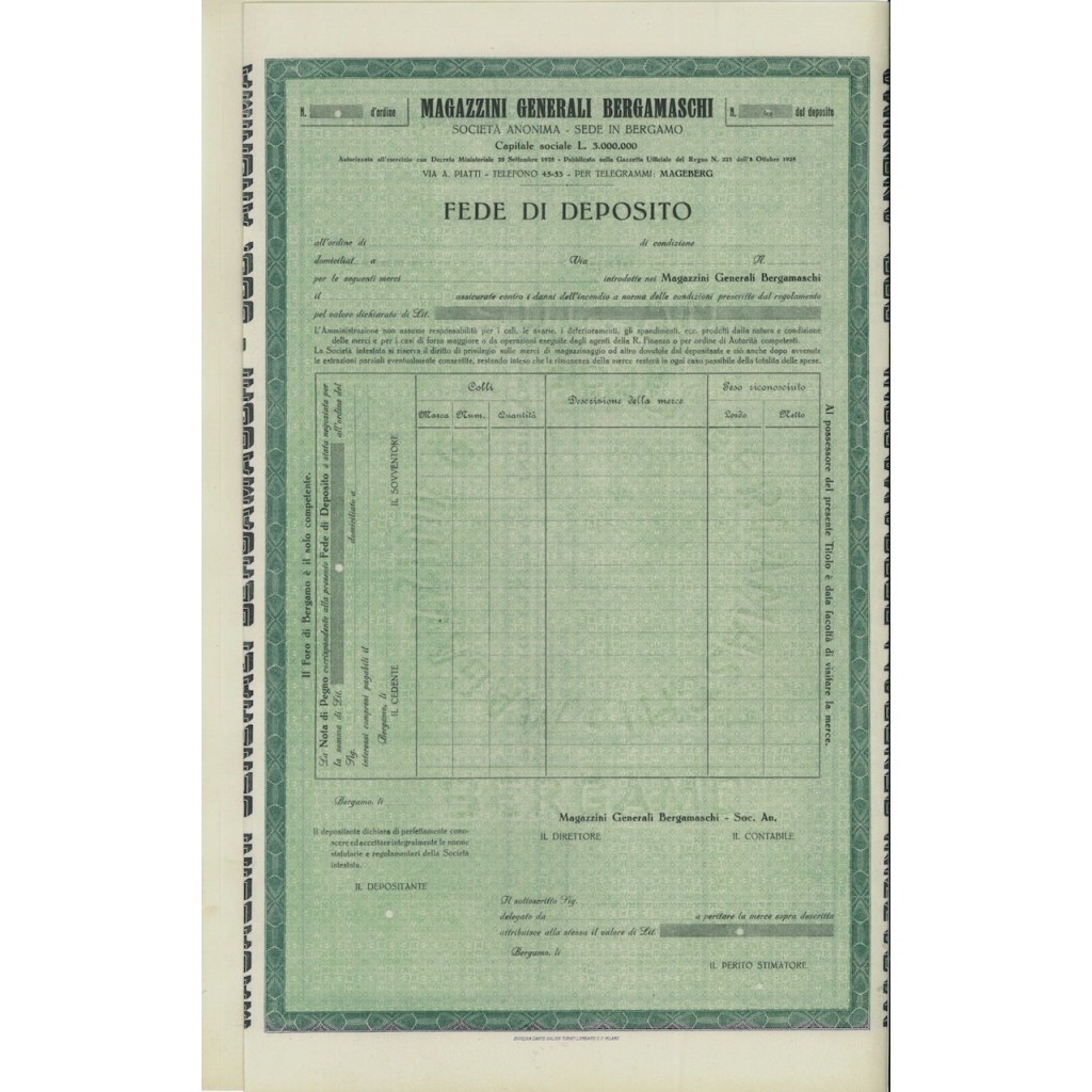 MAGAZZ. GENERALI BERGAMASCHI - FEDE DI DEPOSITO 1928