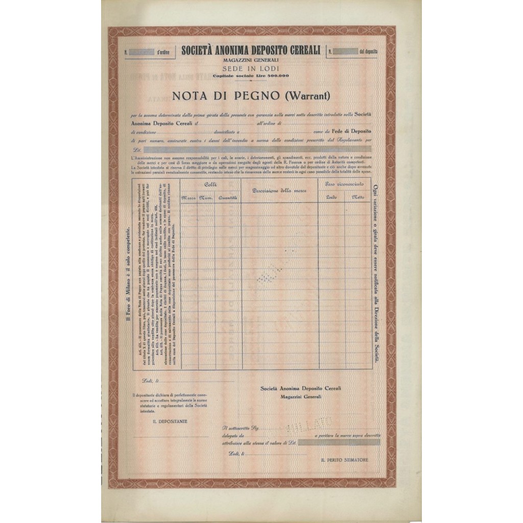 SOC. ANON. DEPOSITO CEREALI - WARRANT - LODI
