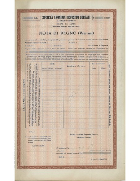 SOC. ANON. DEPOSITO CEREALI - WARRANT - LODI