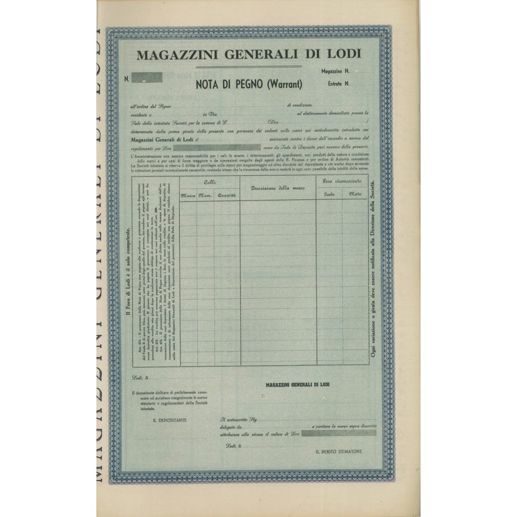 MAGAZZINI GENERALI DI LODI - NOTA DI PEGNO WARRANT