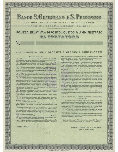 BANCO S. GEMINIANO E S. PROSPERO - POLIZZA MODENA 1943