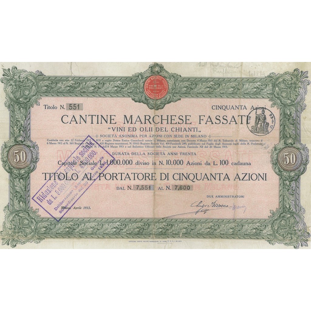 CANTINE MARCHESE FASSATI 50 AZIONI MILANO 1913
