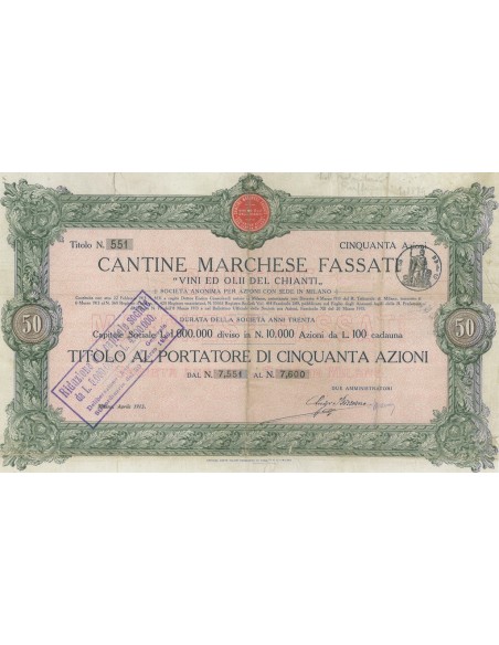 CANTINE MARCHESE FASSATI 50 AZIONI MILANO 1913