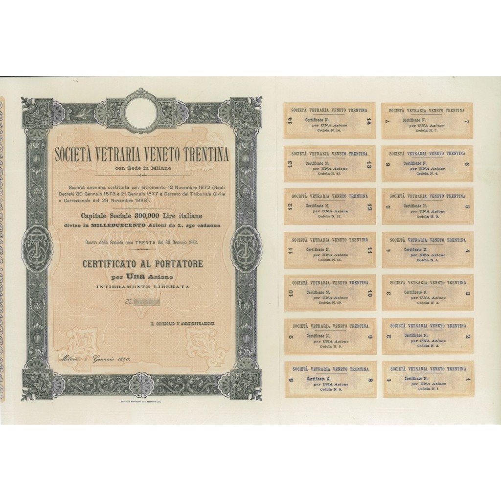 SOC. VETRARIA VENETO TRENTINA - 1 AZIONE MILANO 1890