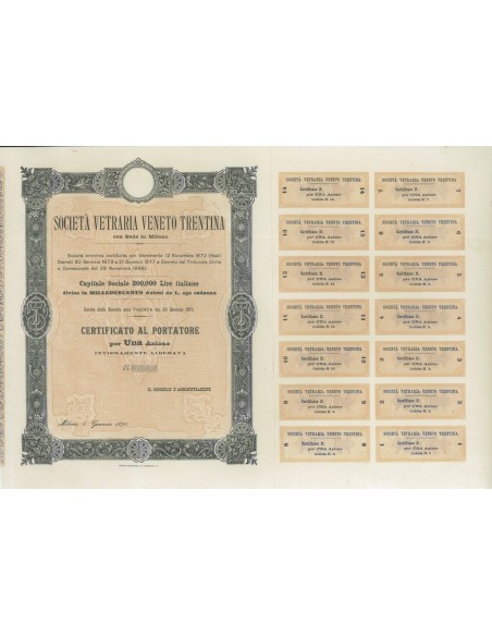 SOC. VETRARIA VENETO TRENTINA - 1 AZIONE MILANO 1890