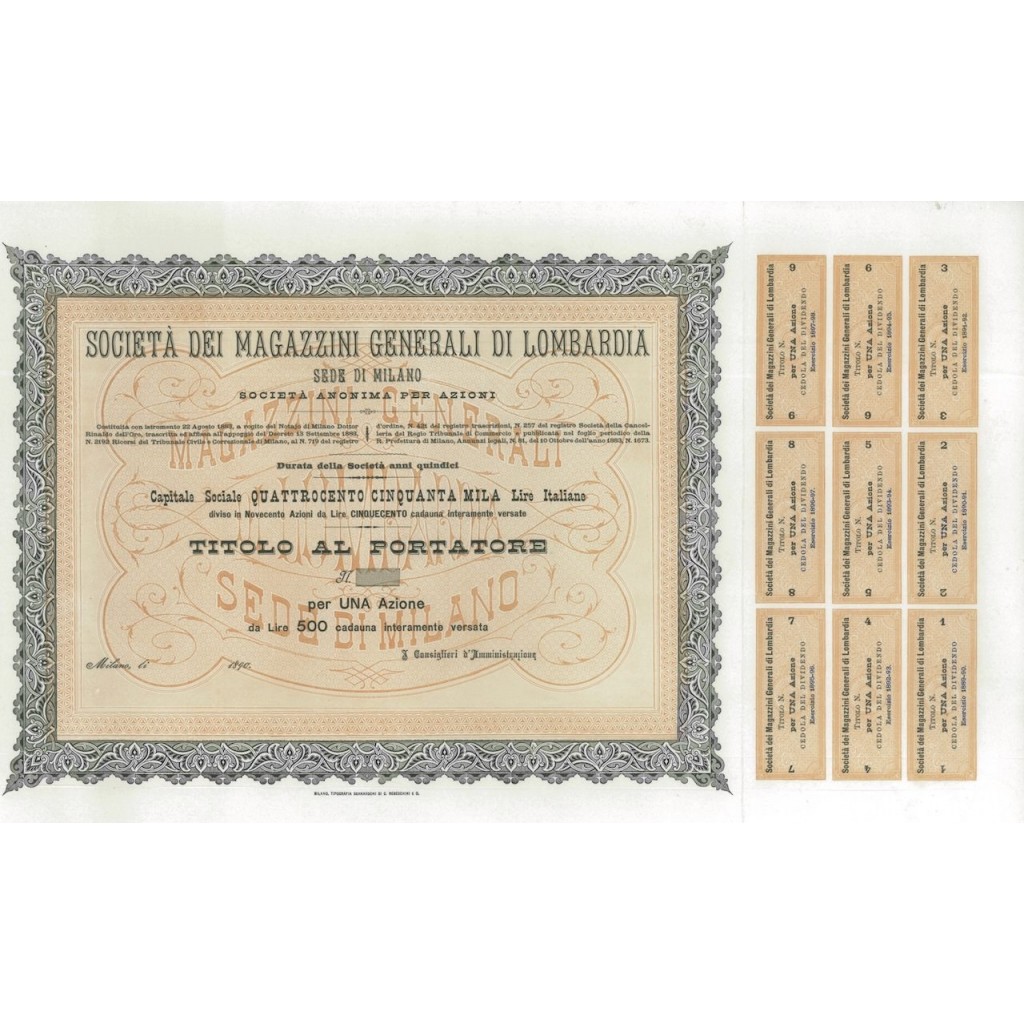 SOC. DEI MAGAZZINI GEN. DI LOMBARDIA -1 AZIONE MILANO 1890