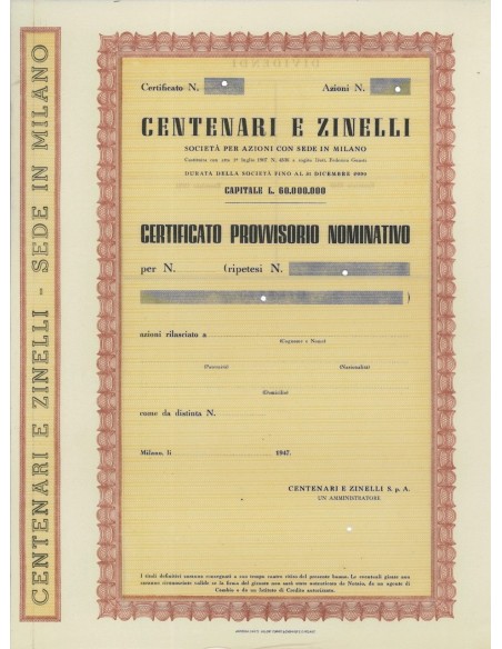 CENTENARI E ZINELLI - AZIONI - MILANO 1947