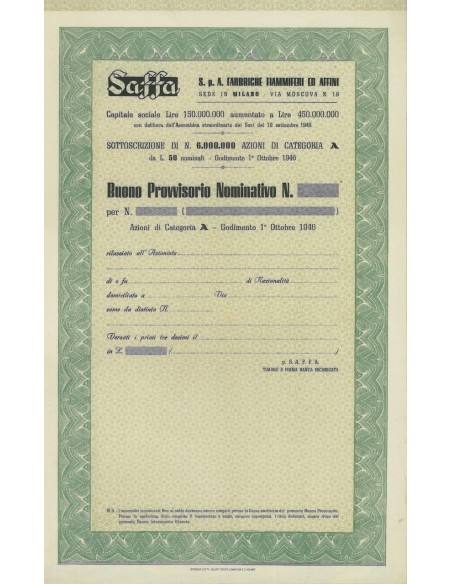 SAFFA SPA FABBRICHE FIAMMIFERI ED AFFINI - AZIONI MILANO 1946