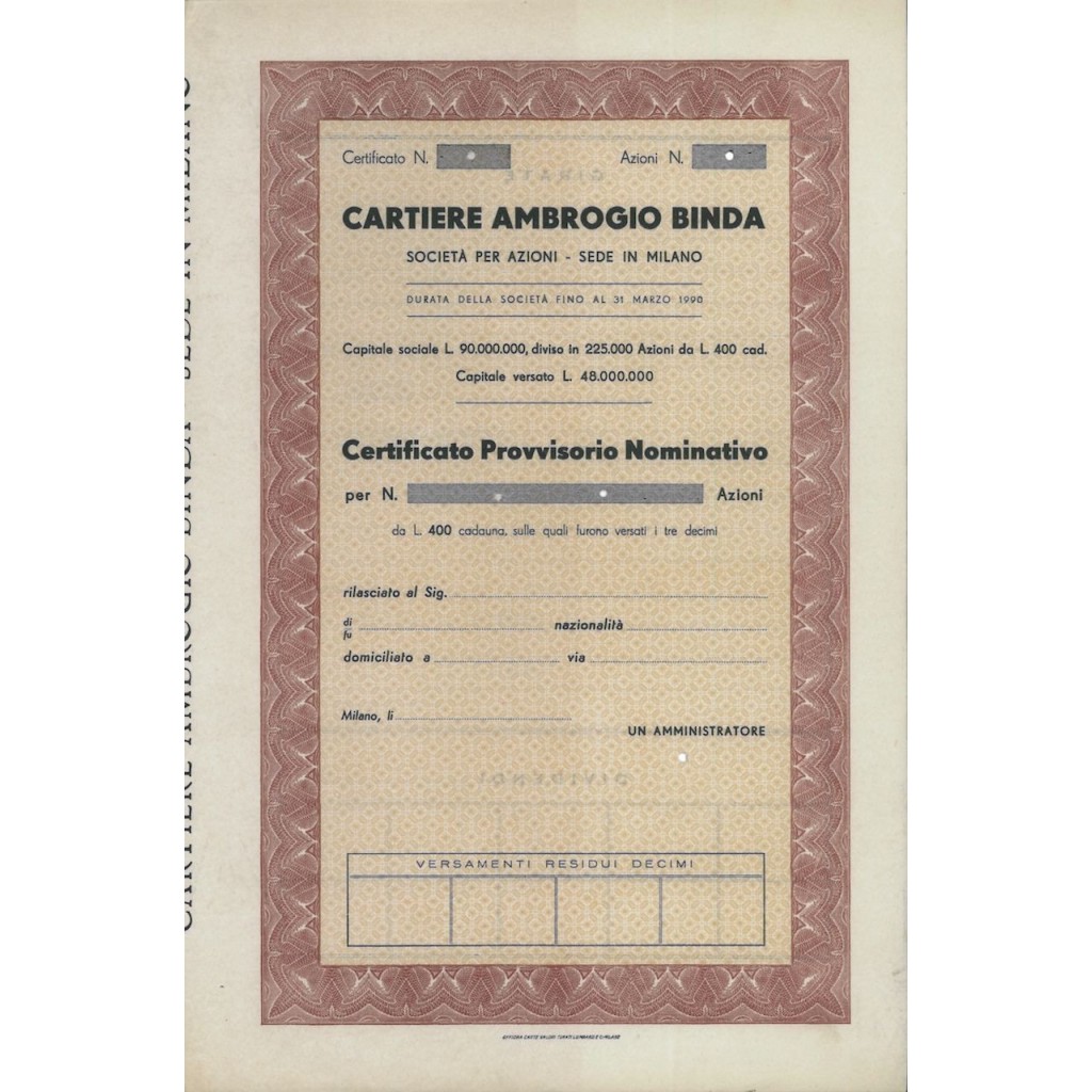 CARTIERE AMBROGIO BINDA - AZIONI MILANO